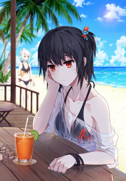 Anime picture 884x1264 with original shibanme tekikumo tall image blush fringe short hair breasts light erotic black hair red eyes large breasts multiple girls looking away sky cloud (clouds) outdoors blurry off shoulder depth of field beach