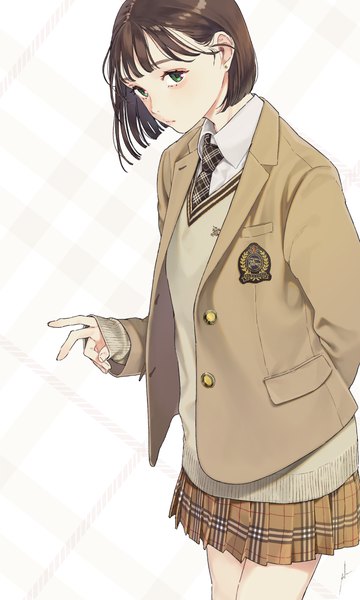 Anime picture 1500x2500 with original burberry (brand) aiko (aiko 54) single tall image looking at viewer fringe short hair brown hair green eyes long sleeves pleated skirt sleeves past wrists plaid skirt victory arm behind back girl skirt uniform school uniform