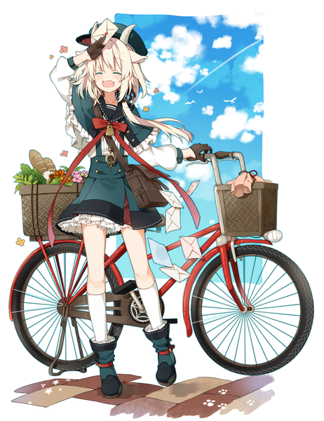 Anime picture 914x1188 with original nana kusun single long hair tall image blush open mouth animal ears sky cloud (clouds) white hair eyes closed horn (horns) girl dress gloves flower (flowers) hat animal black gloves