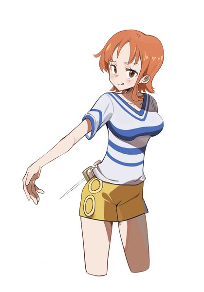 Anime picture 1424x2038 with one piece toei animation nami (one piece) ki26 single tall image short hair simple background white background brown eyes orange hair arm behind back :q girl weapon shorts tongue short shorts dagger