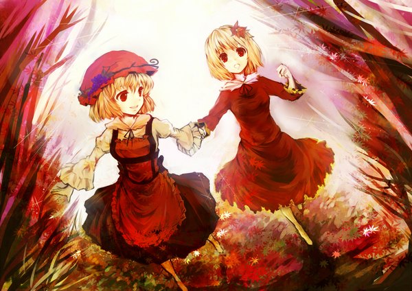 Anime picture 2046x1446 with touhou aki minoriko aki shizuha chagu highres short hair open mouth blonde hair red eyes multiple girls light smile holding hands red background siblings sisters autumn running girl 2 girls hat