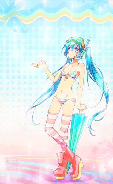 Anime picture 688x1116 with vocaloid hatsune miku manmaru tamago single long hair tall image blush breasts open mouth light erotic twintails bare shoulders cleavage aqua eyes aqua hair teeth bare belly looking up polka dot closed umbrella