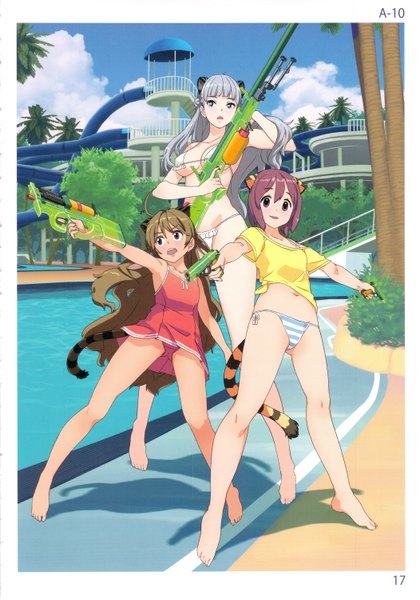 Anime picture 2101x3000 with a-10 long hair tall image looking at viewer highres short hair open mouth blue eyes light erotic brown hair bare shoulders multiple girls brown eyes looking away sky cloud (clouds) barefoot green hair bare legs bare belly
