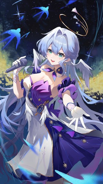 Anime picture 2080x3698 with honkai: star rail honkai (series) robin (honkai: star rail) feimao (fmfeimao) single long hair tall image looking at viewer fringe highres breasts open mouth smile hair between eyes large breasts bare shoulders blue hair sky cleavage cloud (clouds)