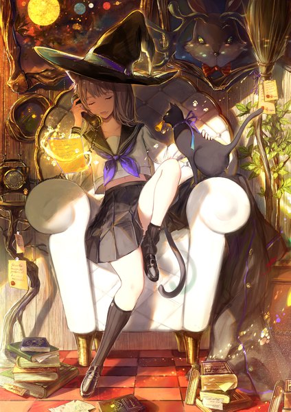 Anime picture 1447x2047 with original hoojiro single long hair tall image open mouth brown hair sitting signed animal ears full body bent knee (knees) indoors tail eyes closed animal tail pleated skirt cat ears midriff cat girl