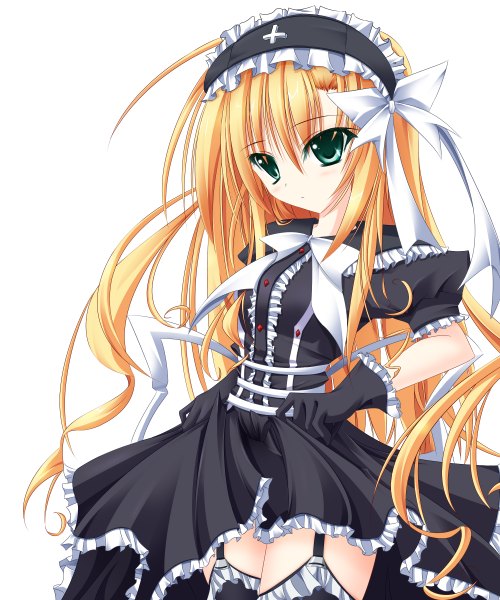 Anime picture 2000x2400 with original wata (akawata) single long hair tall image blush highres blue eyes blonde hair simple background white background girl thighhighs dress gloves bow black thighhighs hair bow frills headdress