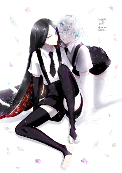 Anime picture 1000x1414 with houseki no kuni diamond (houseki no kuni) bort morino bambi tall image looking at viewer fringe short hair black hair hair between eyes sitting signed silver hair very long hair character names twitter username dated on all fours silver eyes androgynous
