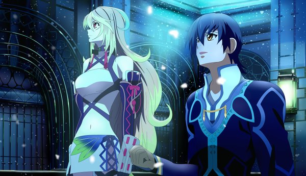 Anime picture 3709x2136 with tales of (series) tales of xillia milla maxwell jude mathis yuuri-622 long hair highres short hair black hair blonde hair red eyes wide image brown eyes absurdres girl boy petals