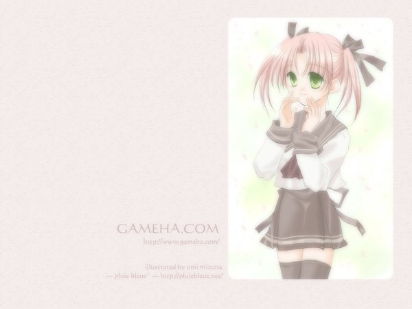 Anime picture 1024x768 with single long hair white background twintails green eyes pink hair girl thighhighs uniform ribbon (ribbons) black thighhighs hair ribbon serafuku