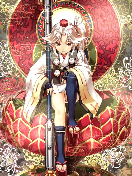Anime picture 1329x1771 with touhou inubashiri momiji caesar et cleopatra (abo) single long hair tall image looking at viewer red eyes sitting ponytail traditional clothes japanese clothes side ponytail girl flower (flowers) weapon spear higanbana tokin hat zori