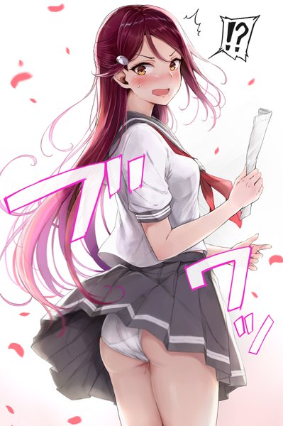 Anime picture 2019x3035 with love live! sunshine!! sunrise (studio) love live! sakurauchi riko napo8593 single long hair tall image looking at viewer blush highres breasts open mouth light erotic simple background white background holding yellow eyes red hair pleated skirt
