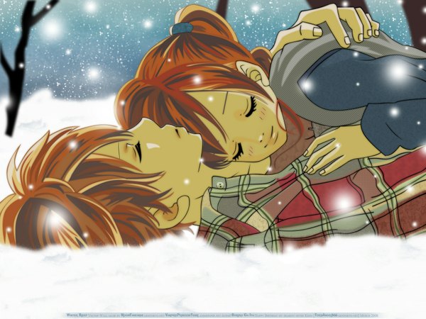 Anime picture 1600x1200 with bokura ga ita motoharu yano nanami takahashi blush fringe short hair smile red hair lying fingernails lips orange hair official art on back snowing snow girl boy