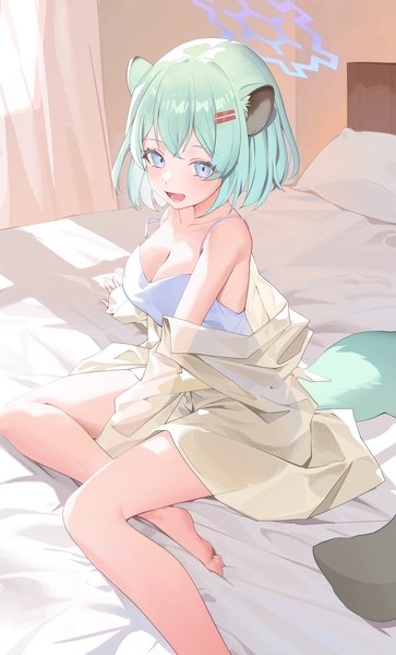 Anime picture 2000x3304 with blue archive shigure (blue archive) yo owl single tall image fringe highres short hair breasts open mouth blue eyes light erotic hair between eyes large breasts sitting animal ears looking away tail :d animal tail