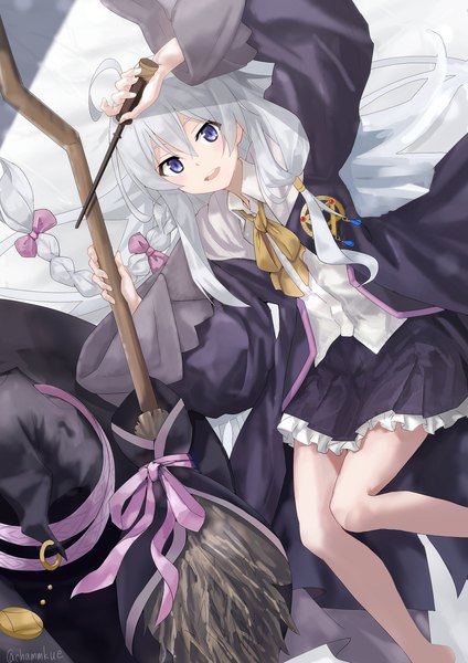 Anime picture 2894x4093 with majo no tabitabi elaina (majo no tabitabi) chamu (chammkue) single long hair tall image looking at viewer fringe highres blue eyes hair between eyes silver hair ahoge braid (braids) bare legs witch hat removed headwear removed girl hat