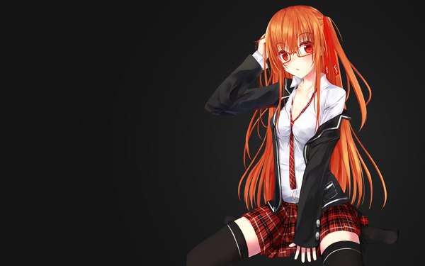 Anime picture 1920x1200 with original assassinwarrior single long hair blush highres breasts red eyes looking away orange hair off shoulder open clothes open jacket :o wallpaper zettai ryouiki girl thighhighs skirt ribbon (ribbons)