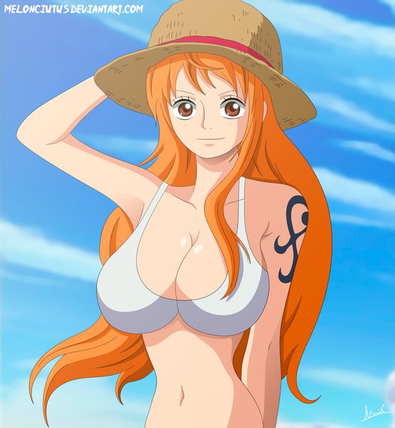 Anime picture 1681x1820 with one piece toei animation nami (one piece) melonciutus single long hair tall image looking at viewer blush fringe breasts light erotic large breasts brown eyes signed sky cleavage cloud (clouds) upper body arm up