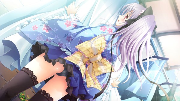 Anime picture 1280x720 with 3-nin iru! mibuno suzume suzui narumi single long hair blush open mouth light erotic smile red eyes wide image game cg silver hair traditional clothes japanese clothes cameltoe girl thighhighs hair ornament underwear
