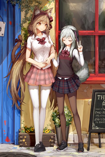 Anime picture 1080x1601 with original jakoujika long hair tall image standing multiple girls brown eyes animal ears payot silver hair full body tail eyes closed very long hair animal tail pleated skirt cat ears cat girl cat tail zettai ryouiki