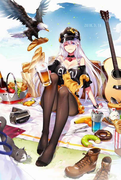 Anime picture 2376x3508 with azur lane manjuu (azur lane) enterprise (azur lane) rhodes garden single long hair tall image looking at viewer fringe highres breasts light erotic smile hair between eyes large breasts sitting purple eyes bare shoulders holding payot