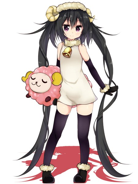 Anime picture 1536x2048 with original note-chan amano kouki single tall image looking at viewer blush black hair simple background smile hair between eyes white background purple eyes twintails very long hair horn (horns) shadow sheep girl girl thighhighs