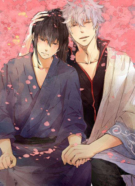 Anime picture 800x1100 with gintama sunrise (studio) sakata gintoki hijikata toshiro ke (pixiv) long hair tall image blush short hair open mouth blue eyes black hair ponytail traditional clothes japanese clothes grey hair black eyes multiple boys holding hands hand on head