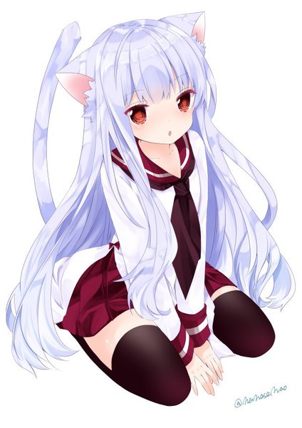 Anime picture 600x849 with original nanase nao single long hair tall image looking at viewer blush fringe open mouth simple background red eyes white background sitting signed animal ears payot purple hair tail blunt bangs long sleeves
