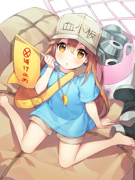 Anime picture 900x1199 with hataraku saibou david production platelet (hataraku saibou) ayami (annahibi) single long hair tall image looking at viewer blush fringe hair between eyes brown hair sitting holding brown eyes full body barefoot from above arm support :o