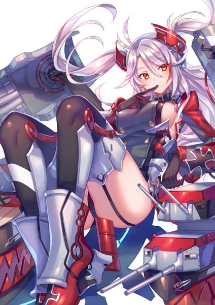 Anime picture 1415x2000 with azur lane prinz eugen (azur lane) zoff (daria) single long hair tall image looking at viewer blush fringe breasts light erotic simple background hair between eyes large breasts white background sitting payot silver hair ahoge bent knee (knees)
