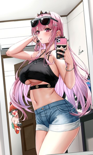 Anime picture 900x1500 with virtual youtuber hololive hololive english mori calliope takanashi kiara piukute062 long hair tall image looking at viewer blush fringe breasts open mouth light erotic large breasts standing purple eyes multiple girls holding signed