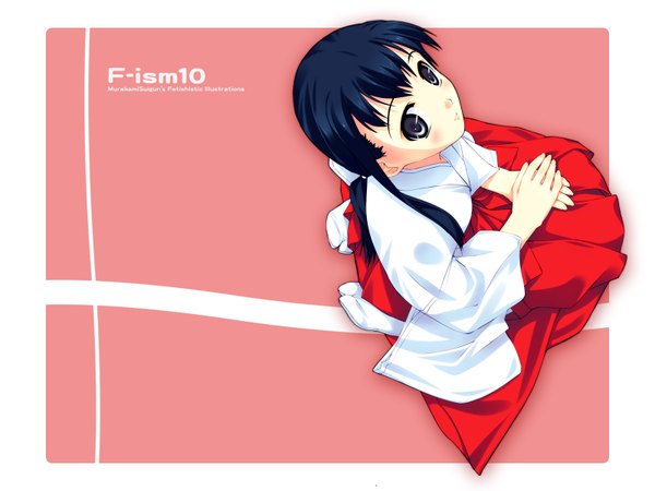 Anime picture 1600x1200 with f-ism murakami suigun single long hair looking at viewer blush black hair sitting full body traditional clothes japanese clothes from above low ponytail pink background miko seiza girl socks tabi