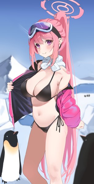 Anime-Bild 3722x7298 mit blue archive eimi (blue archive) eimi (swimsuit) (blue archive) gubbi on single long hair tall image looking at viewer blush fringe highres breasts light erotic smile large breasts standing purple eyes payot pink hair absurdres