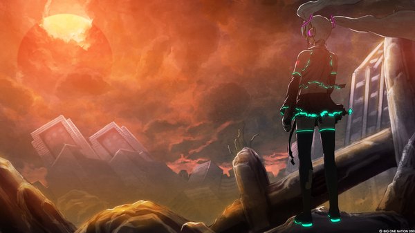 Anime picture 1920x1080 with vocaloid hatsune miku long hair highres wide image twintails cloud (clouds) from behind torn clothes back evening sunset ruins girl thighhighs skirt detached sleeves miniskirt headphones torn thighhighs