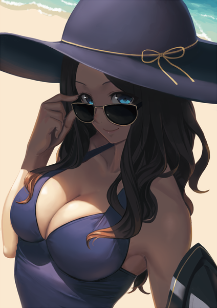 Anime picture 1302x1841 with fate (series) fate/grand order leonardo da vinci (fate) ranma (kamenrideroz) single long hair tall image looking at viewer breasts blue eyes light erotic smile brown hair bare shoulders cleavage upper body sunlight beach wavy hair shaded face