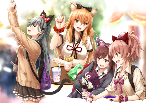 Anime picture 1464x1041 with fate (series) kantai collection idolmaster idolmaster cinderella girls fate/extra ccc fox tail idolmaster shiny colors disneyland jougasaki mika suzuya heavy cruiser oosaki amana suzuka gozen (fate) suien long hair looking at viewer blush fringe open mouth brown hair multiple girls brown eyes