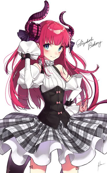 Anime picture 1300x2100 with fate (series) fate/grand order fate/extra fate/extra ccc elizabeth bathory (fate) (all) elizabeth bathory (fate) aiko (aiko 54) single long hair tall image looking at viewer blush fringe simple background smile standing white background signed pink hair tail
