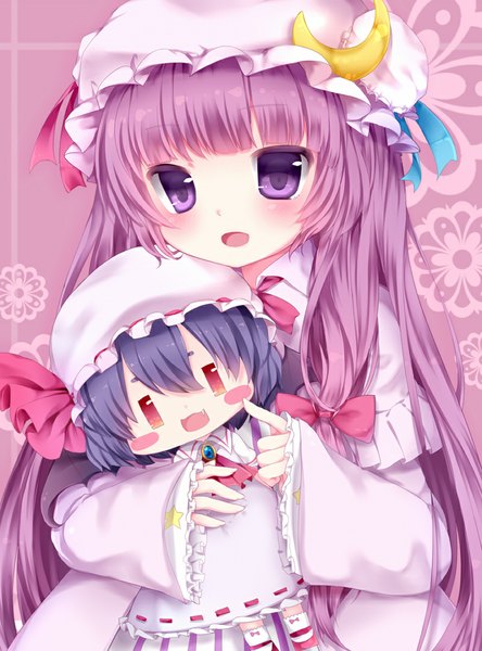 Anime picture 800x1081 with touhou remilia scarlet patchouli knowledge nachi long hair tall image looking at viewer blush short hair open mouth purple eyes blue hair purple hair girl dress bow hair bow bonnet