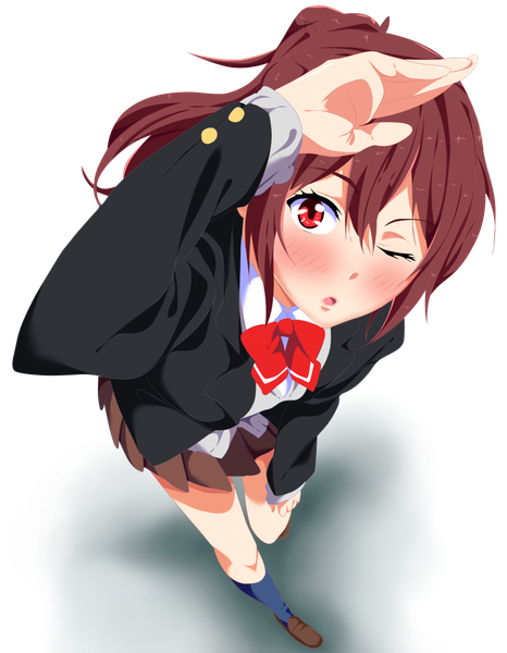 Anime picture 948x1219 with free! kyoto animation matsuoka gou matias54 single long hair tall image blush open mouth red eyes ponytail red hair pleated skirt one eye closed wink coloring transparent background girl skirt uniform