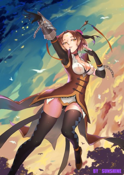 Anime picture 2480x3507 with touhou ibaraki kasen sunshine (1638509769) single tall image highres short hair breasts light erotic brown hair signed yellow eyes looking away sky cleavage cloud (clouds) parted lips arm up alternate costume zettai ryouiki