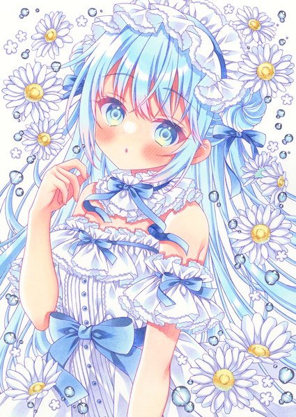 Anime picture 1416x2000 with original puu (kari---ume) single long hair tall image looking at viewer blush blue eyes blue hair upper body :o traditional media girl flower (flowers) ribbon (ribbons) hair ribbon frills detached collar lolita hairband