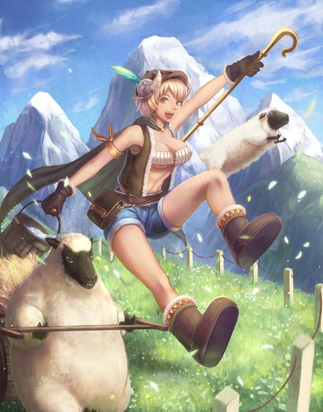 Anime picture 1496x1904 with original yazuwo tall image short hair open mouth light erotic blonde hair yellow eyes horn (horns) legs mountain girl gloves animal petals black gloves shorts staff