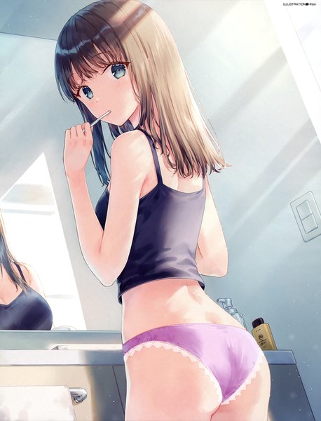 Anime picture 3940x5156 with original dengeki moeou hiten (hitenkei) single long hair tall image looking at viewer blush fringe highres breasts blue eyes light erotic black hair standing holding signed absurdres ass indoors