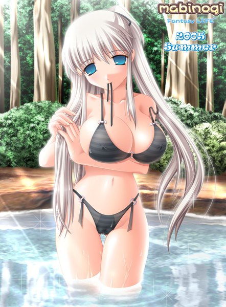 Anime picture 1239x1680 with mabinogi nao (mabinogi) tall image breasts blue eyes light erotic white hair huge breasts swimsuit plant (plants) bikini tree (trees) water black bikini forest