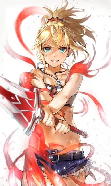Anime picture 1869x3121 with fate (series) fate/grand order mordred (fate) hieung single tall image looking at viewer blush fringe highres short hair light erotic simple background blonde hair smile standing white background bare shoulders holding payot