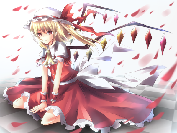 Anime picture 1050x792 with touhou flandre scarlet itoo (artist) single blonde hair red eyes sitting one side up girl hat petals wings