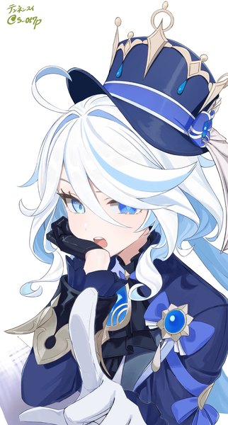 Anime picture 644x1200 with genshin impact furina (genshin impact) midorinokaibutu4500 single long hair tall image looking at viewer fringe blue eyes simple background white background signed upper body ahoge white hair ponytail long sleeves hair over one eye :o twitter username