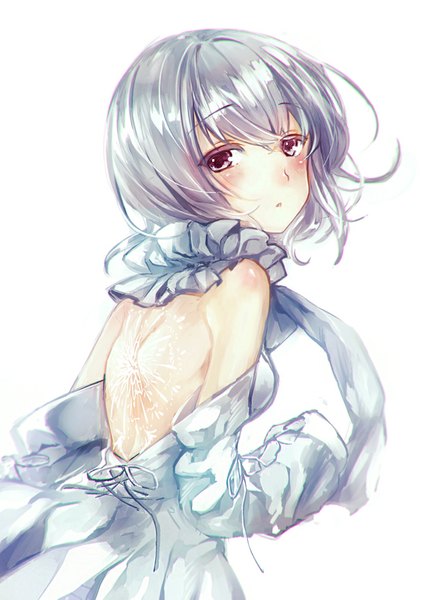 Anime picture 617x878 with teroru single tall image looking at viewer blush fringe short hair simple background white background silver hair long sleeves pink eyes looking back lacing girl dress detached sleeves white dress