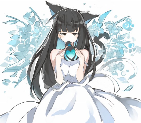 Anime picture 2000x1753 with original mitu yang single long hair fringe highres black hair simple background white background holding animal ears tail blunt bangs animal tail black eyes cat ears off shoulder cat girl cat tail girl
