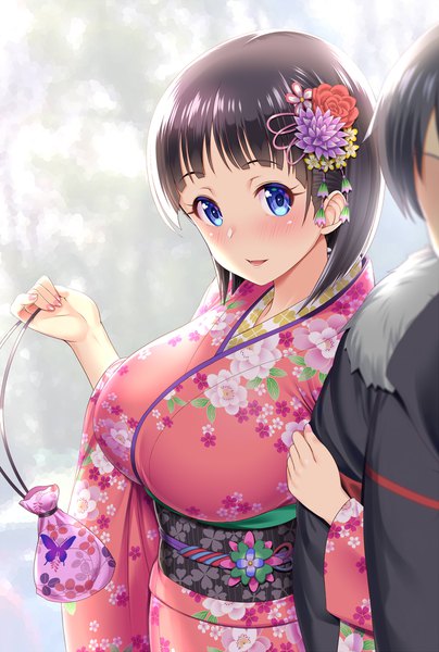 Anime picture 1314x1948 with sword art online a-1 pictures kirigaya kazuto kirigaya suguha kawase seiki tall image looking at viewer blush fringe breasts open mouth blue eyes light erotic black hair smile large breasts standing holding upper body outdoors