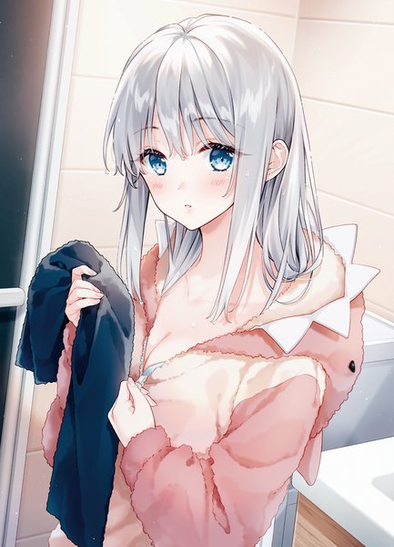 Anime-Bild 800x1108 mit original aoi yuki single long hair tall image looking at viewer blush fringe breasts blue eyes light erotic standing holding payot silver hair indoors long sleeves parted lips unzipped girl