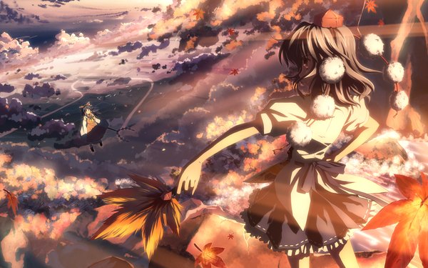 Anime-Bild 3840x2400 mit touhou studio sdt hakurei reimu shameimaru aya yuuki tatsuya highres wide image flying landscape girl
